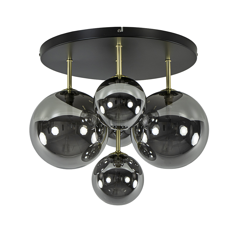 Ronde stijlvolle plafondlamp 5-lichts zwart met smoke glas