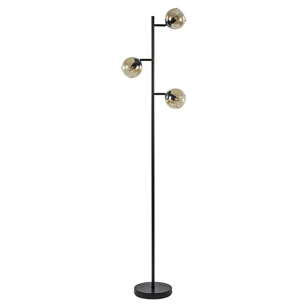 Stijlvolle vloerlamp zwart met amber glas 3-lichts Ø12cm