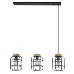 Landelijke 3-lichts hanglamp mat zwart met hout
