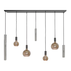 Design hanglamp 7-lichts zwart met nikkel en amber glas