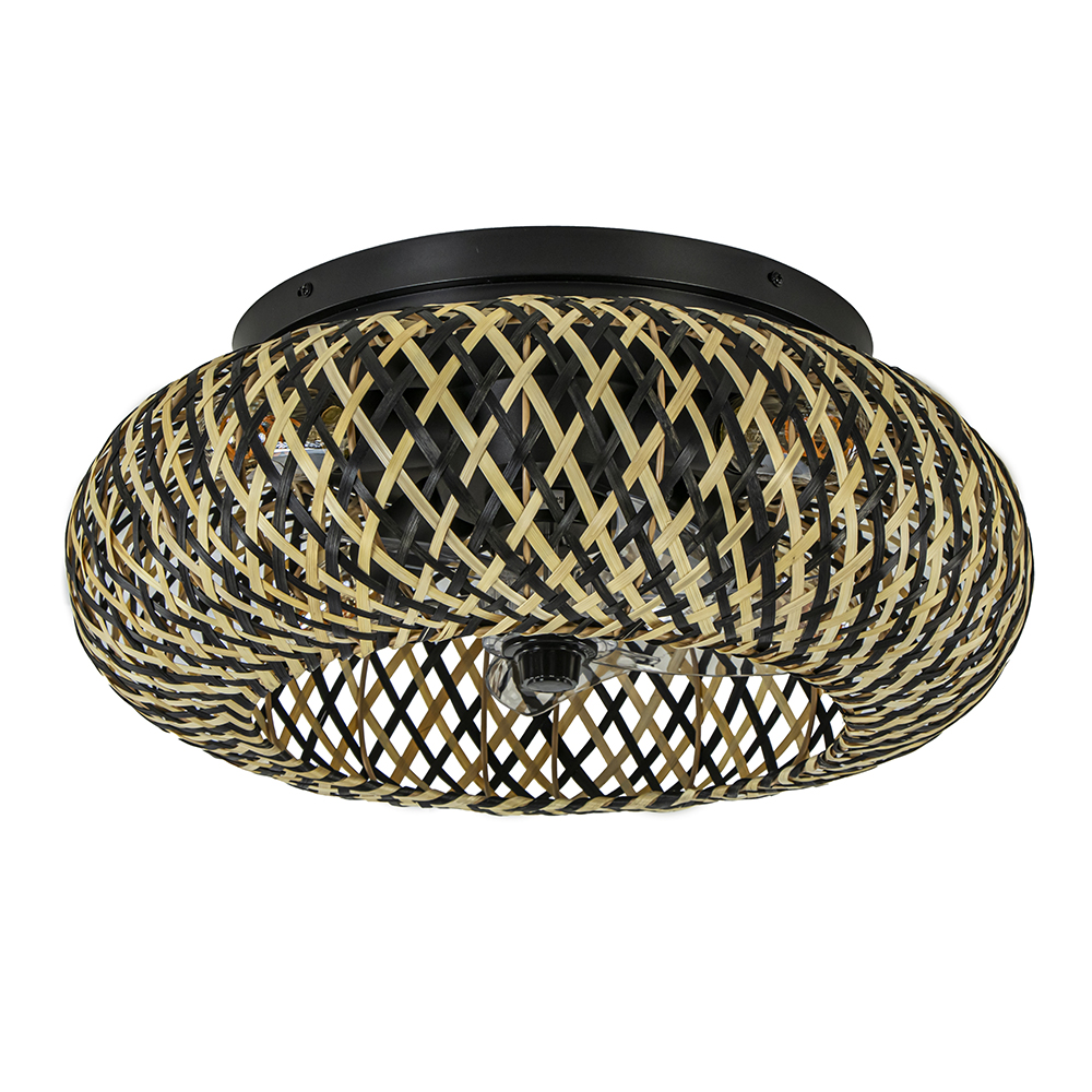 Plafondventilator mat zwart met rotan