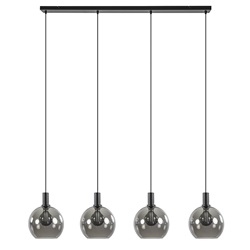 4-lichts eettafelhanglamp zwart met smoke glazen bollen