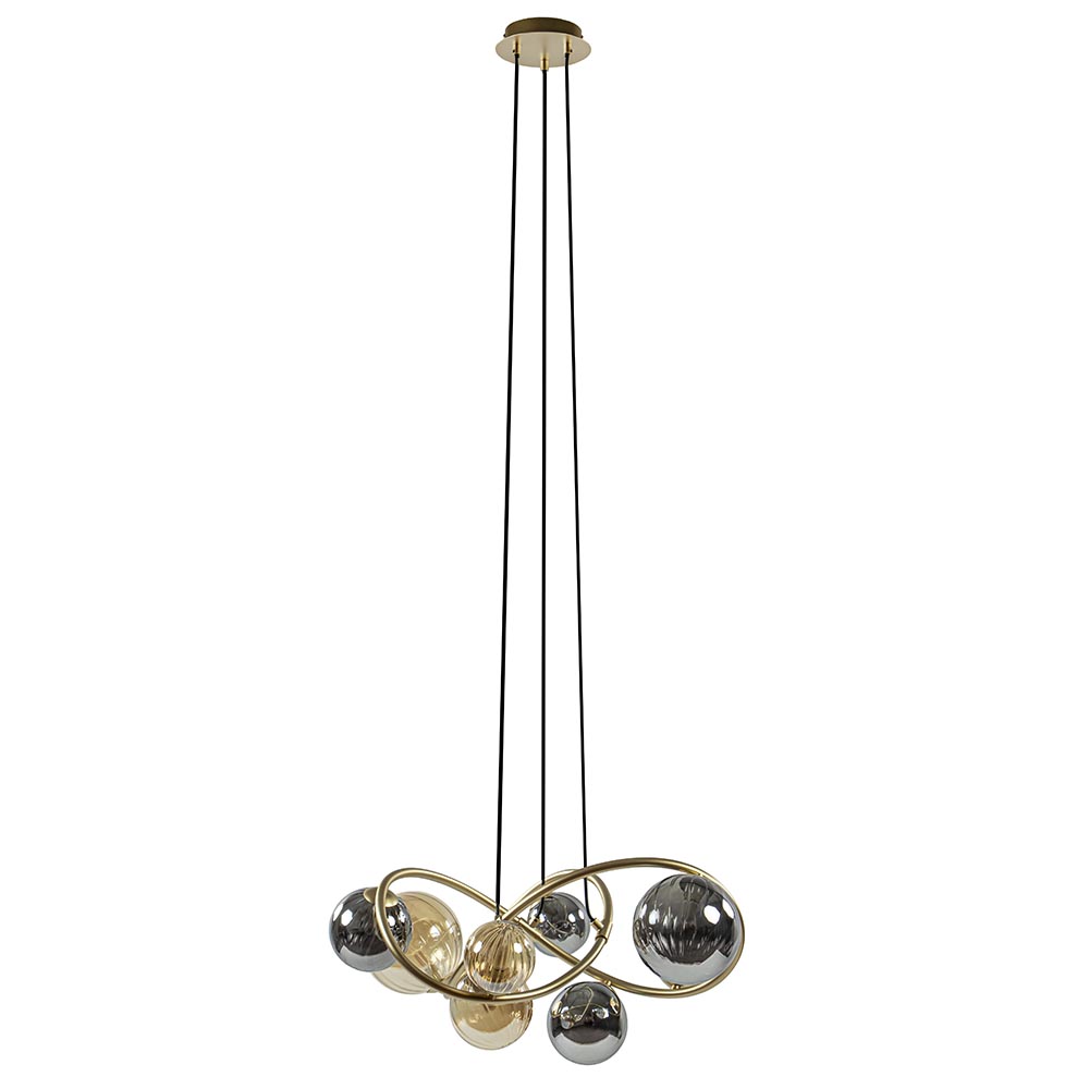 Ronde hanglamp goud met amber en smoke glas
