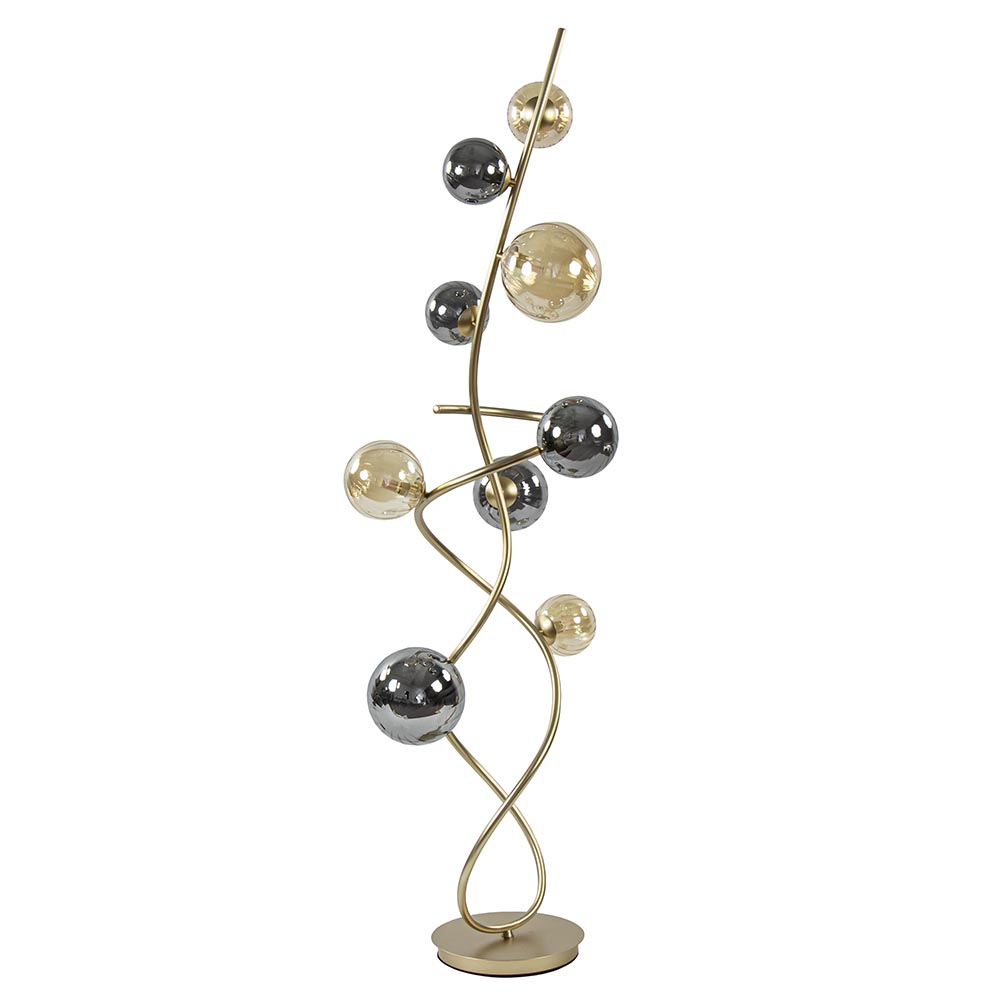 Chique vloerlamp goud met smoke en amber glazen bollen