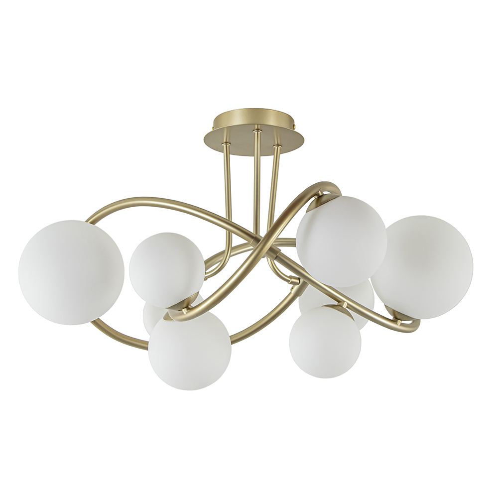 Grote 8-lichts plafondlamp goud met witte glazen bollen