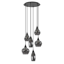 Luxe 6-lichts hanglamp mat zwart met titanium/smoke glas