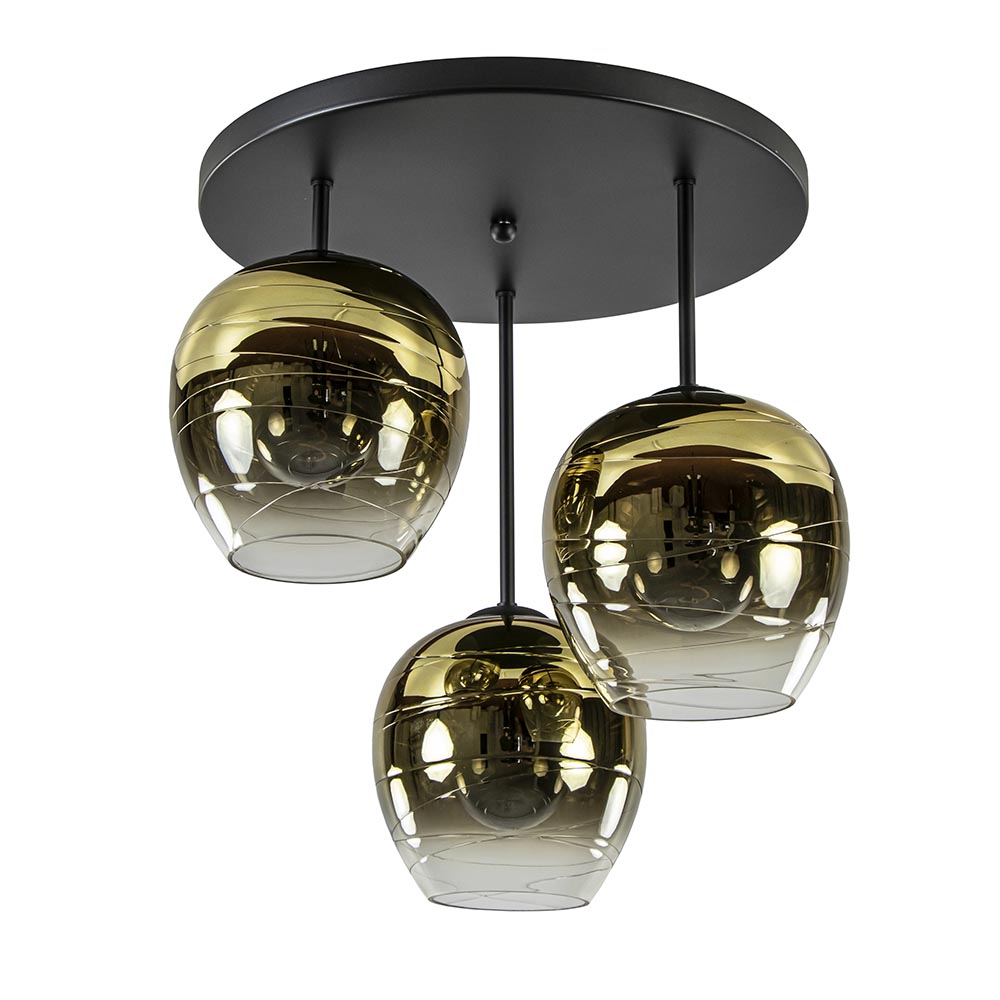 Spectaculair straal Excursie Chique 3-lichts plafondlamp zwart met goud glas | Straluma
