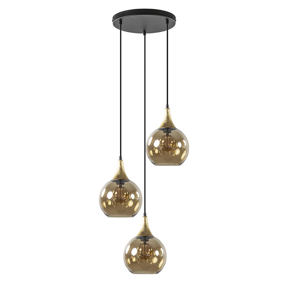 Ronde 3-lichts Hanglamp Zwart Met Goud En Amber Glas | Straluma