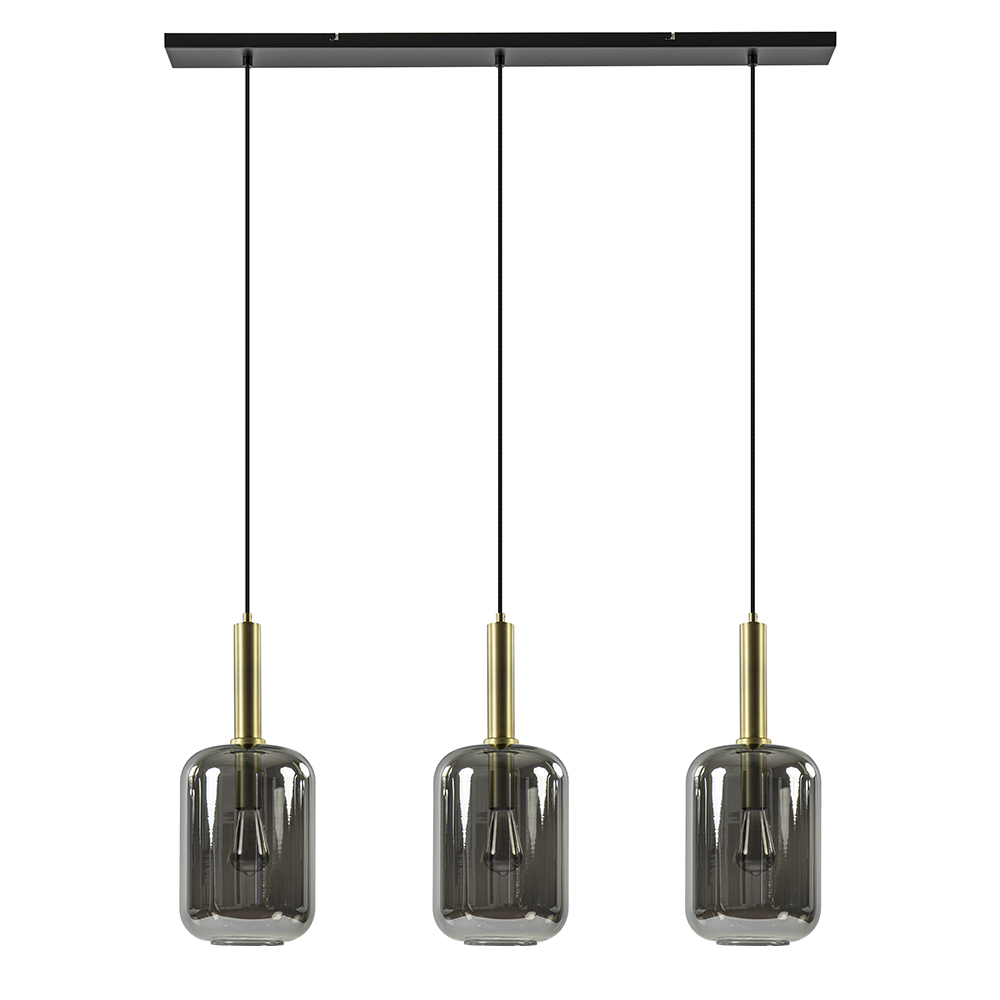 3-Lichts hanglamp Lekar antiek brons met smoke glas