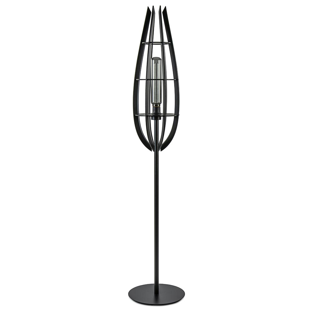 Landelijke vloerlamp mat zwart met houten kap
