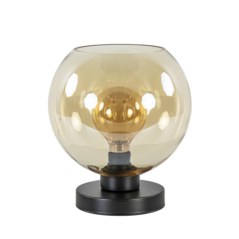 Strak klassieke tafellamp zwart met amber glas