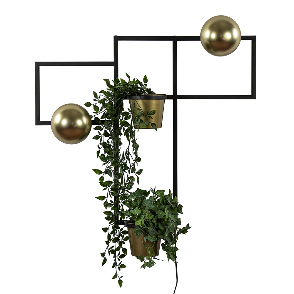 Wandlamp zwart/goud inclusief plantenpotten