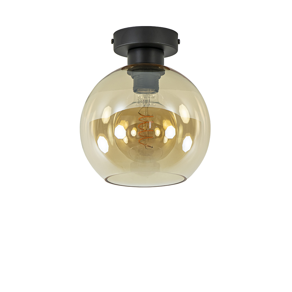 Plafondlamp zwart met amber glas 20 cm