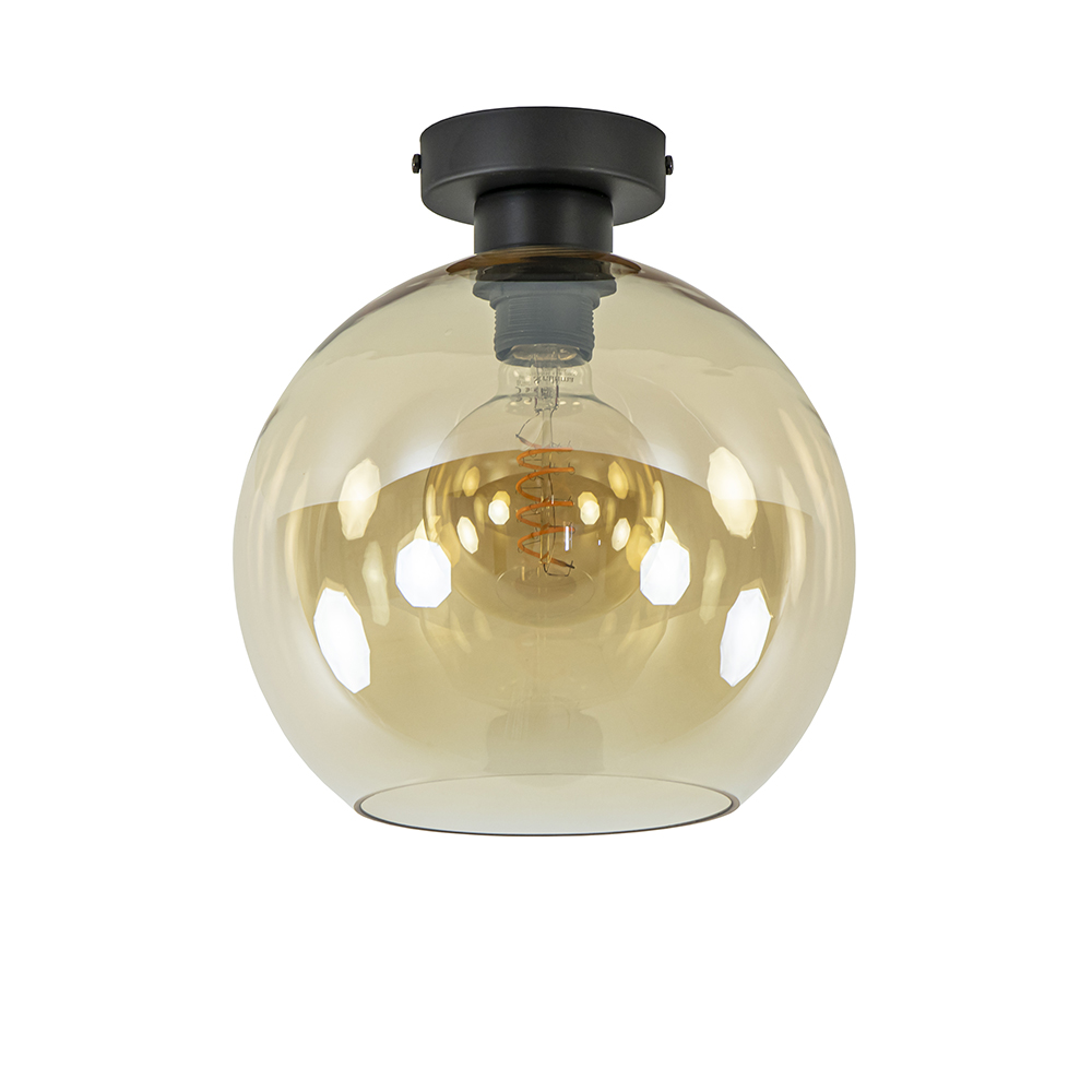 Mat zwarte plafondlamp met amber glazen bol