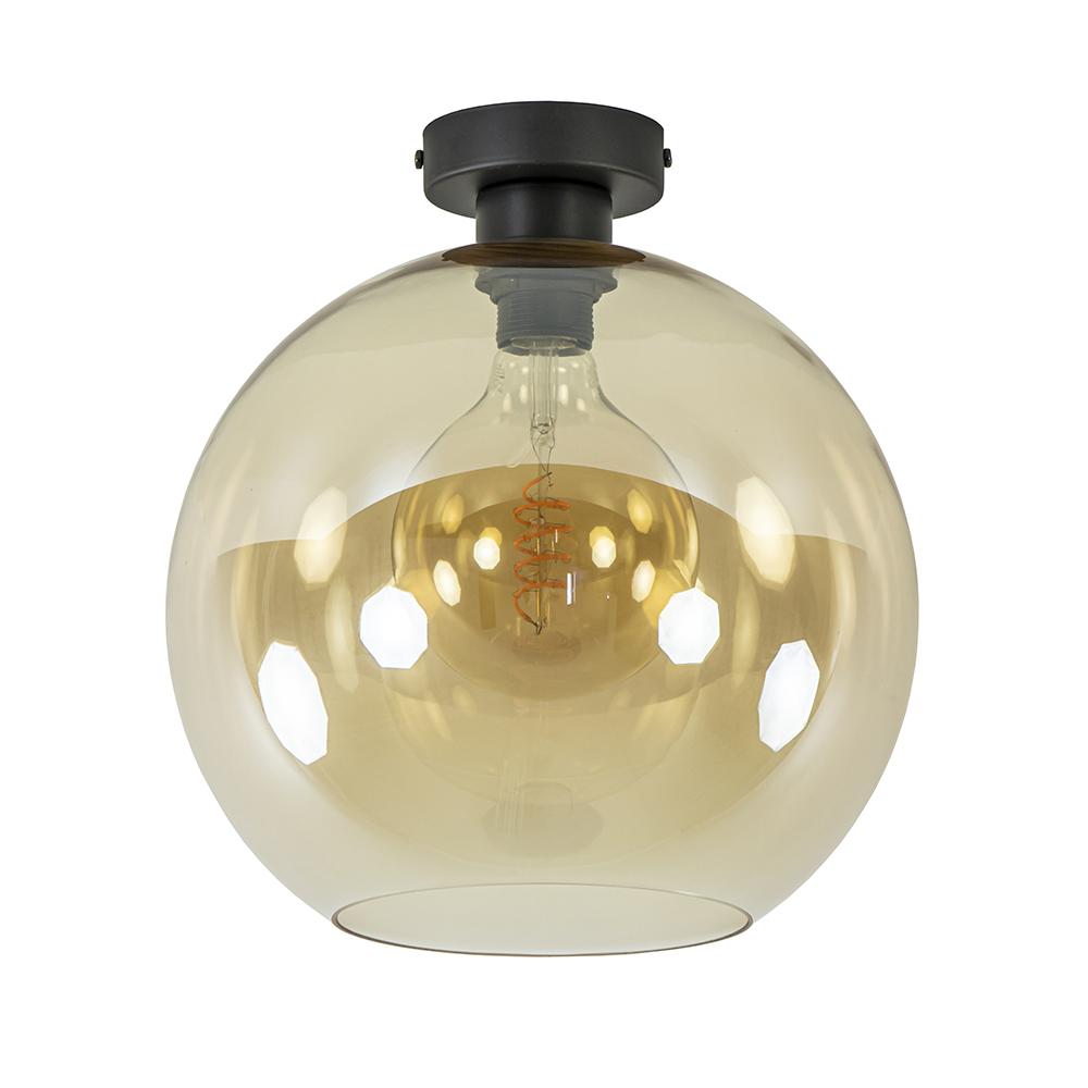 Retro plafondlamp zwart met amber glazen bol