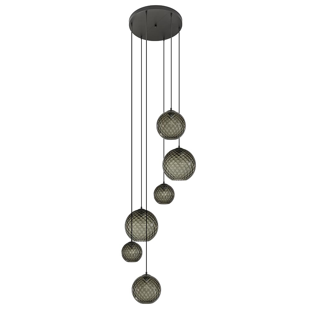 eeuw Aja leerplan 6-Lichts vide hanglamp smoke glas met reliëf | Straluma