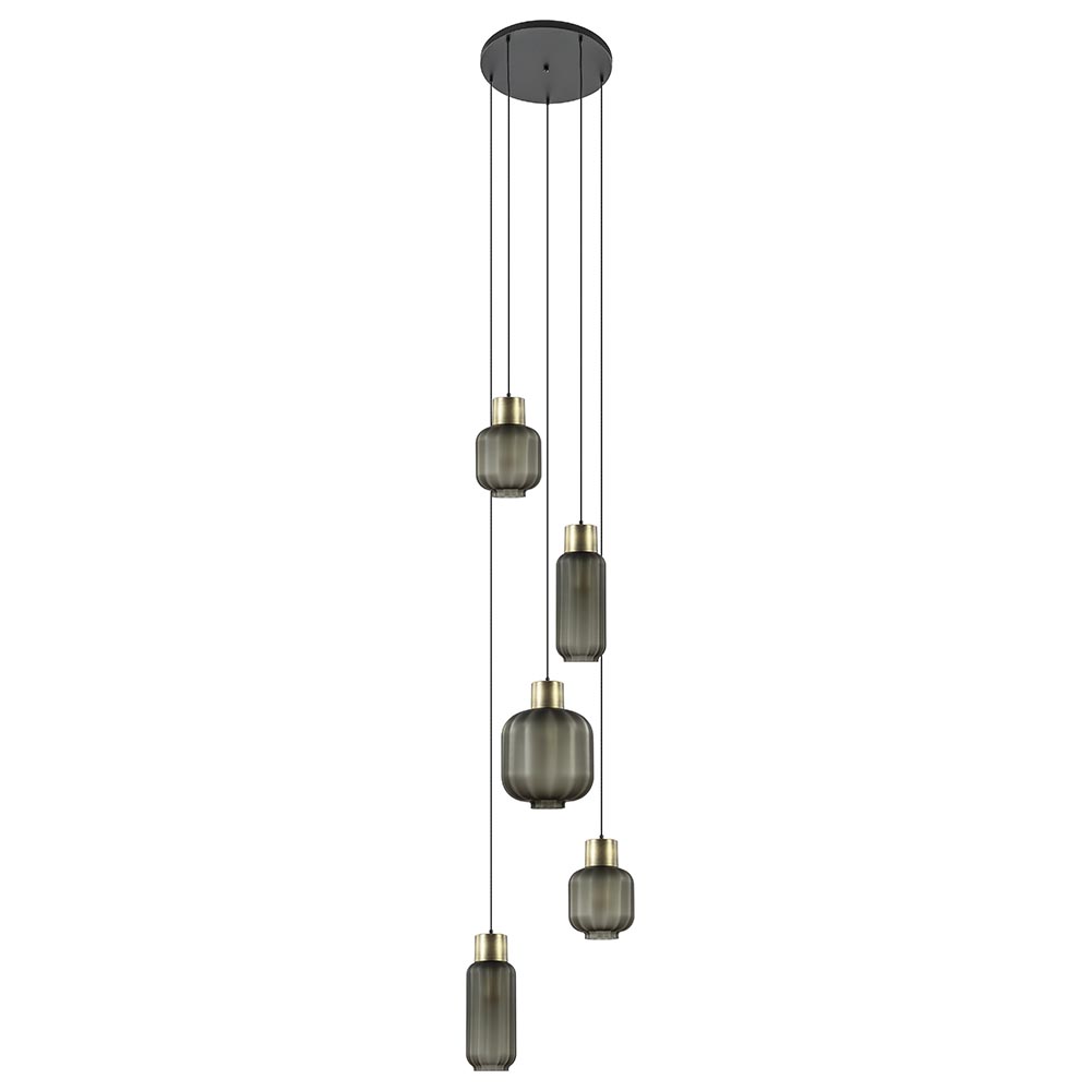 Luxe 5-lichts videlamp zwart/brass met mat zwart glas