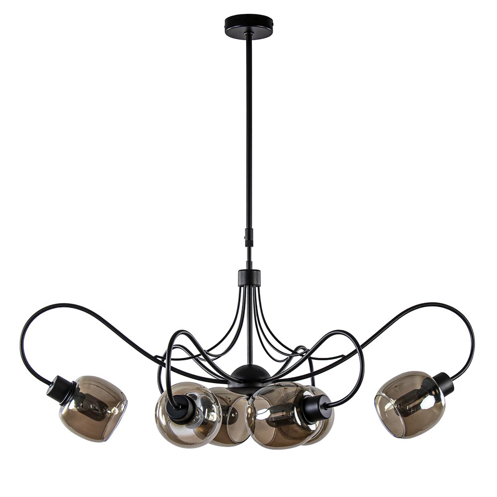 6-Lichts hanglamp mat zwart met smoke glazen kappen