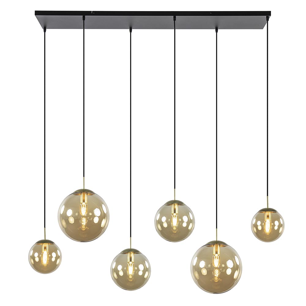 Panorama accessoires Intrekking Grote 6-lichts eettafelhanglamp messing met amber glazen bollen | Stral
