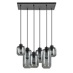 6-Lichts hanglamp met smoke cilinder glas