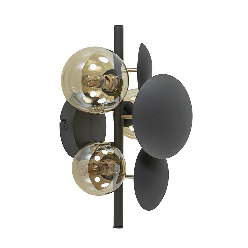 3-Lichts wandlamp grijs/goud met amber glas