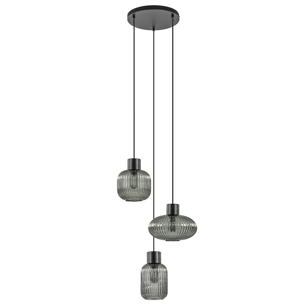 3-Lichts ronde eettafelhanglamp zwart met smoke glas