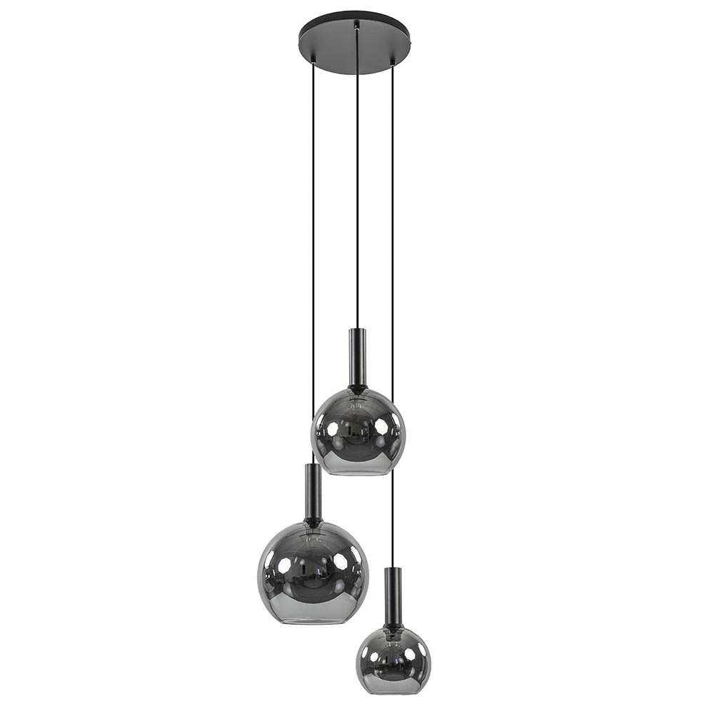 insluiten Conceit viool Ronde 3-lichts hanglamp met diverse smoke glazen kappen | Straluma