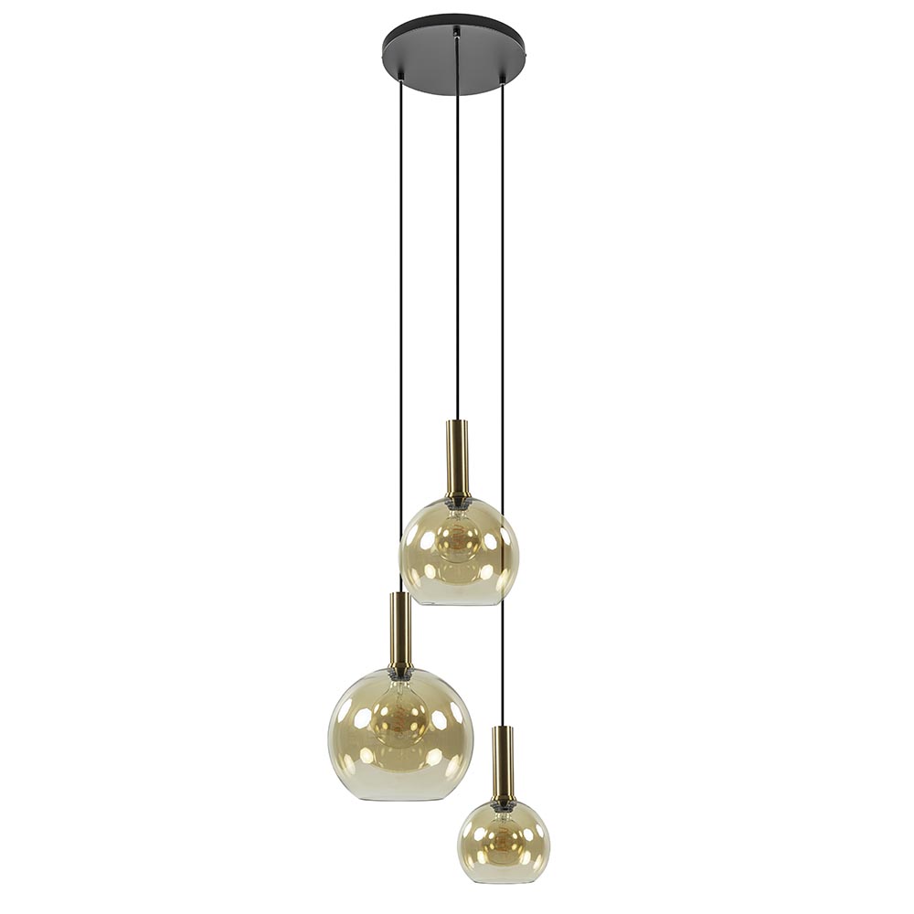 Ronde hanglamp zwart/goud met amber glas