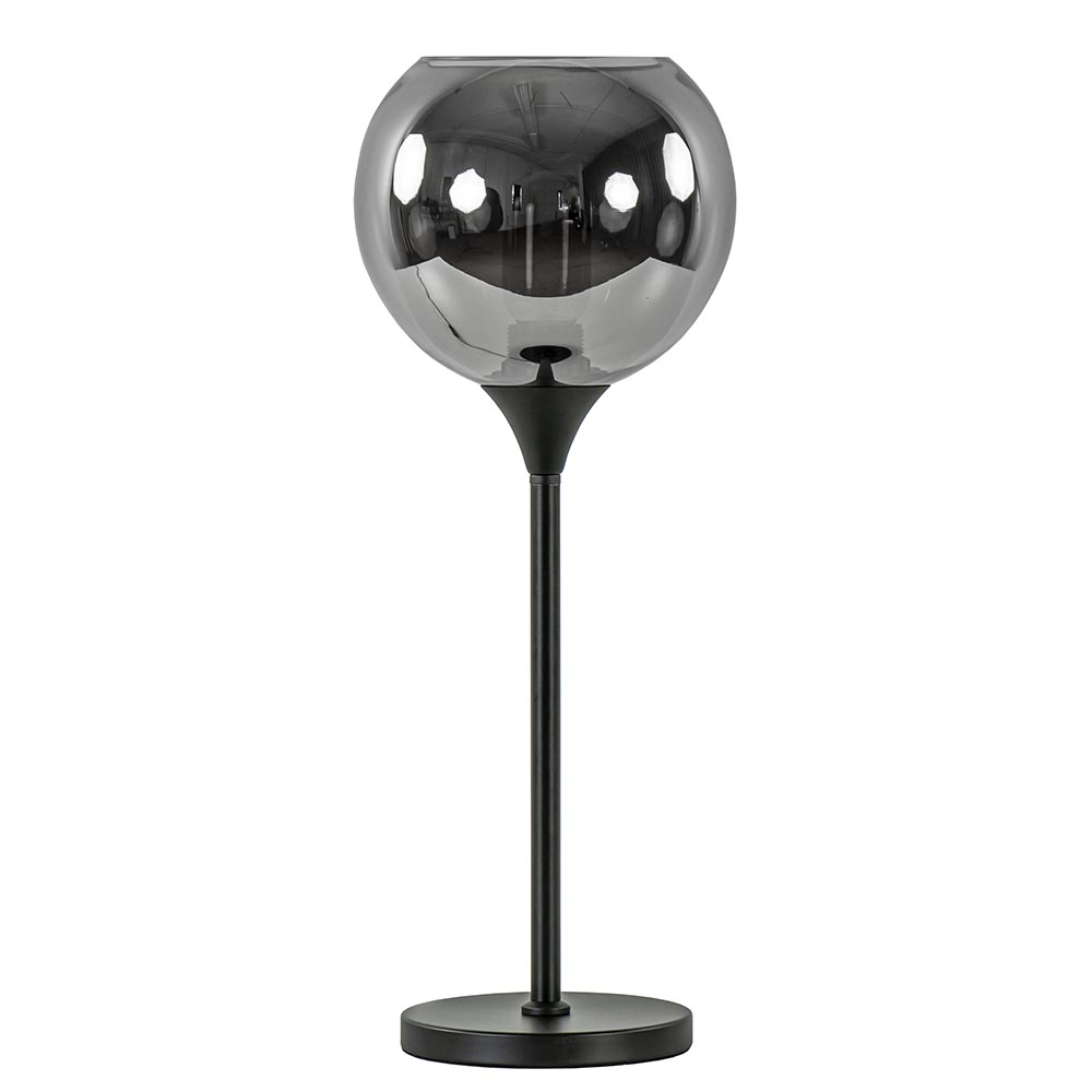 Tafellamp mat zwart met 20 cm smoke glazen bol