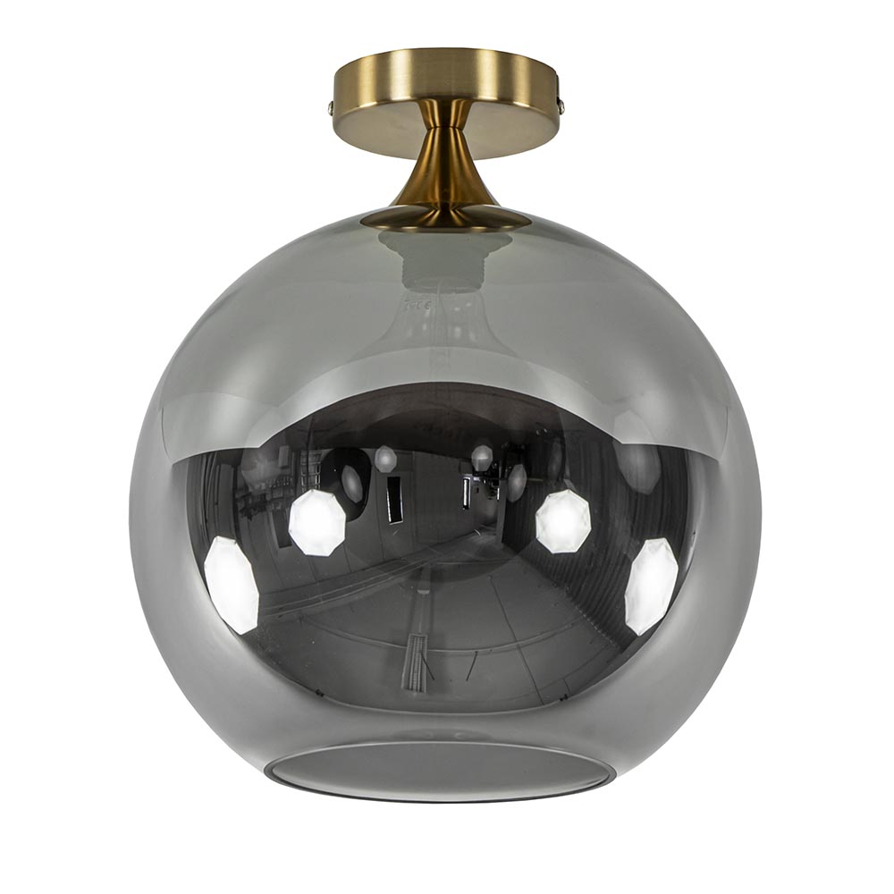 Chique plafondlamp goud met smoke/titanium glazen bol