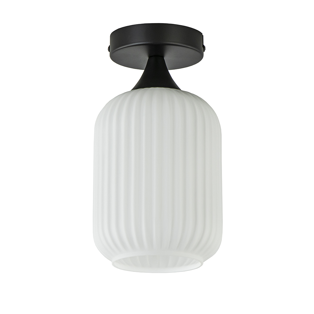 Retro plafondlamp zwart met wit glas