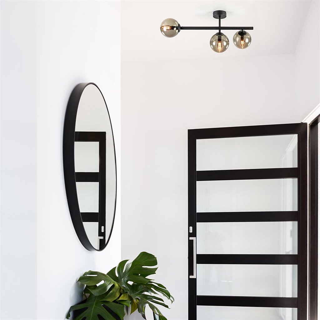 Retro plafondlamp zwart met smoke glazen bollen
