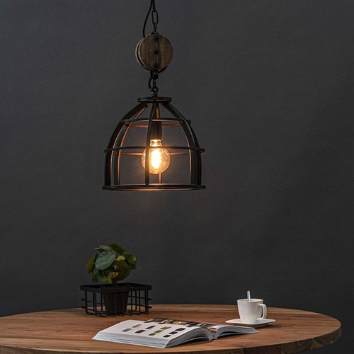 Hanglamp Matrix klein industrieel zwart/houten katrol