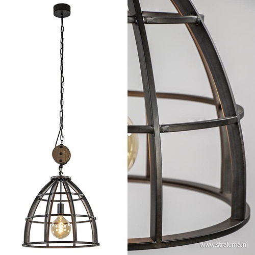 Hanglamp Matrix industrieel zwart/houten katrol