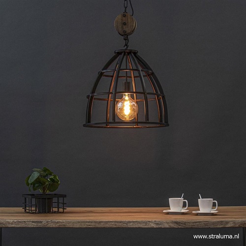 Hanglamp Matrix industrieel zwart/houten katrol