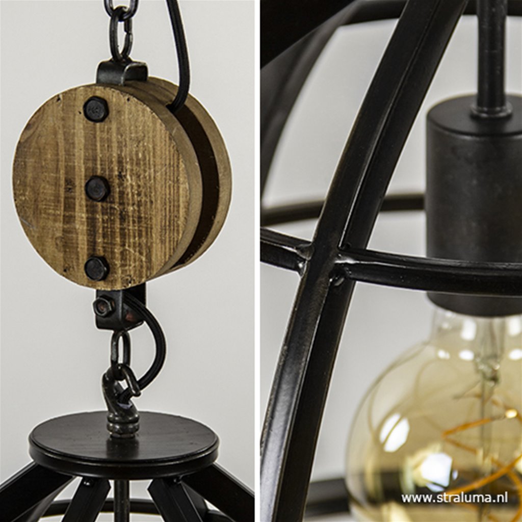 Hanglamp 'Matrix' industrieel staal houten katrol |