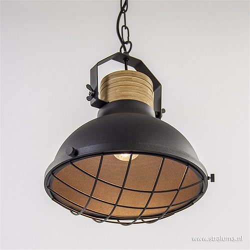 Industriële hanglamp Emma zwart met hout