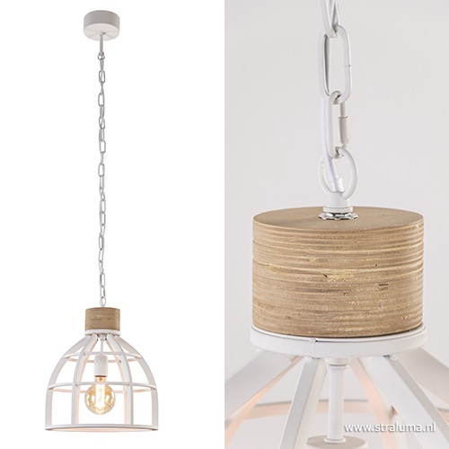 Witte hanglamp Matrix met houten klos landelijk