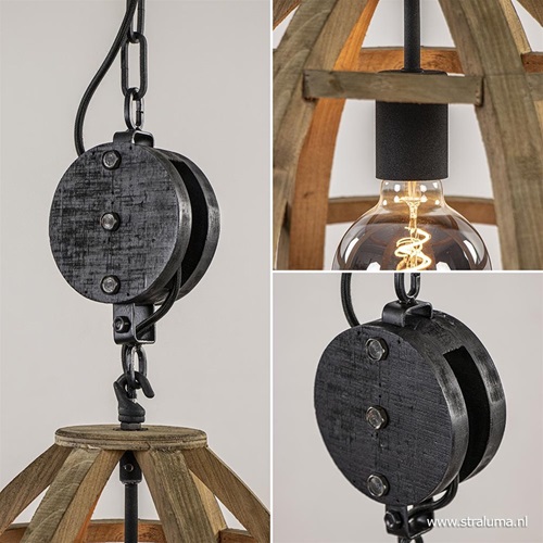 Hanglamp houten korf met zwarte katrol