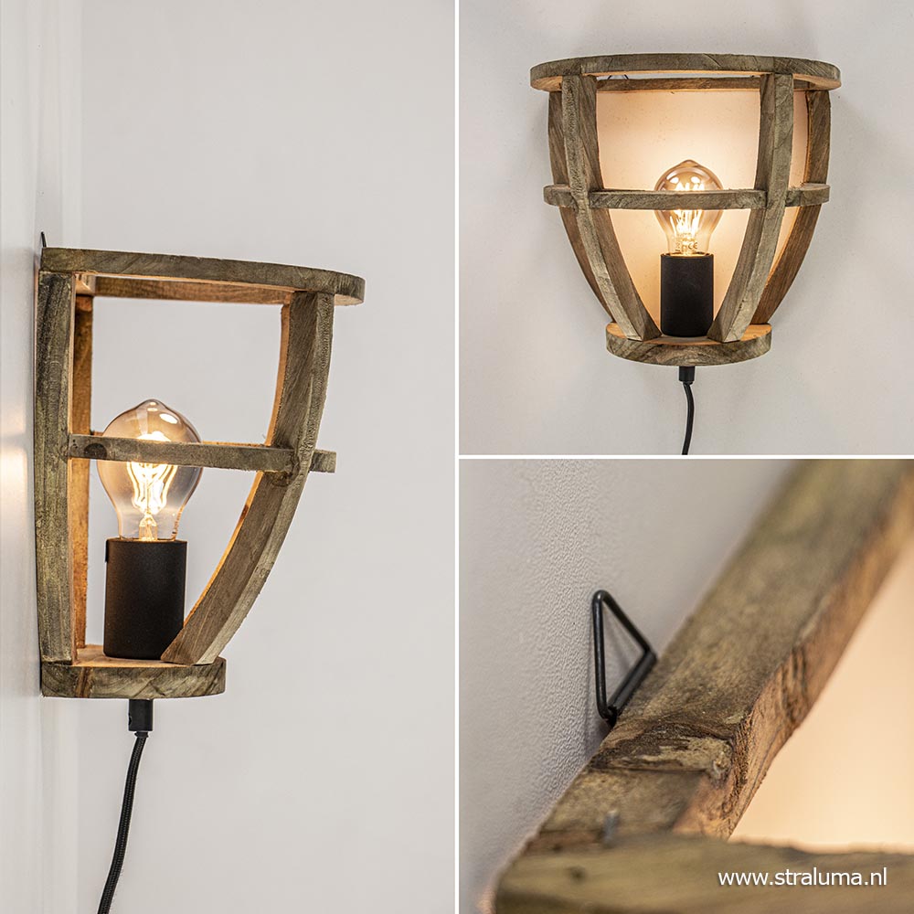 In compromis Huidige Wandlamp houten korf inclusief zwart snoer | Straluma