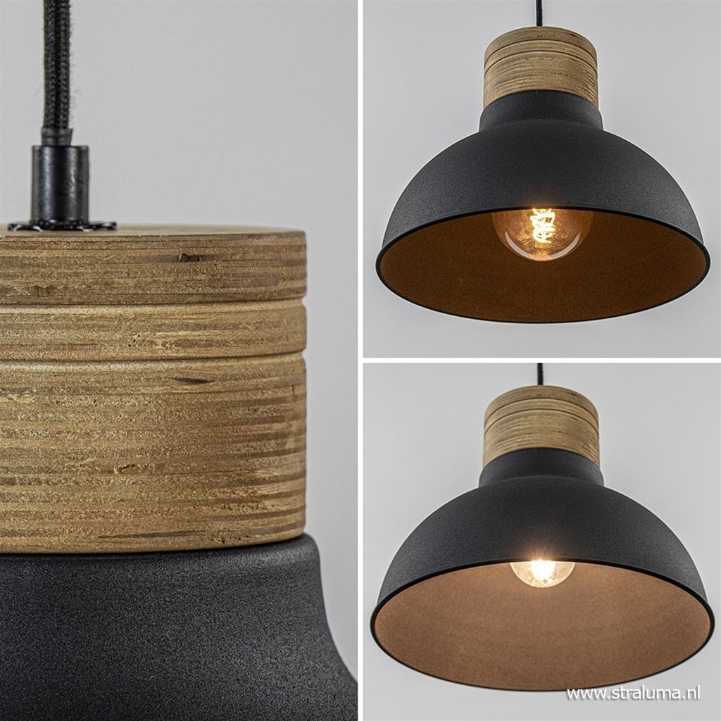 Goed opgeleid Snooze terras Mat zwart metalen hanglamp met houten klos | Straluma