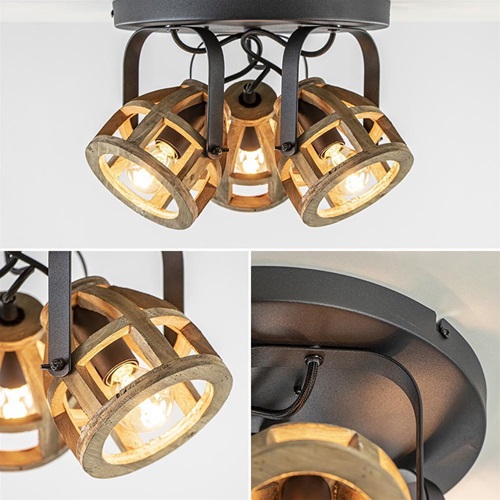 3-lichts plafondlamp landelijk hout/zwart