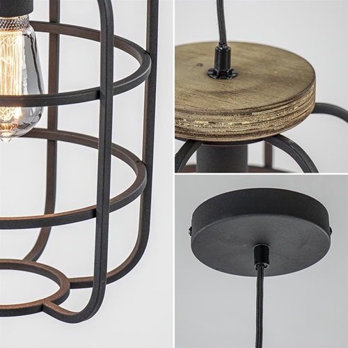 Hanglamp industrieel frame zwart/hout