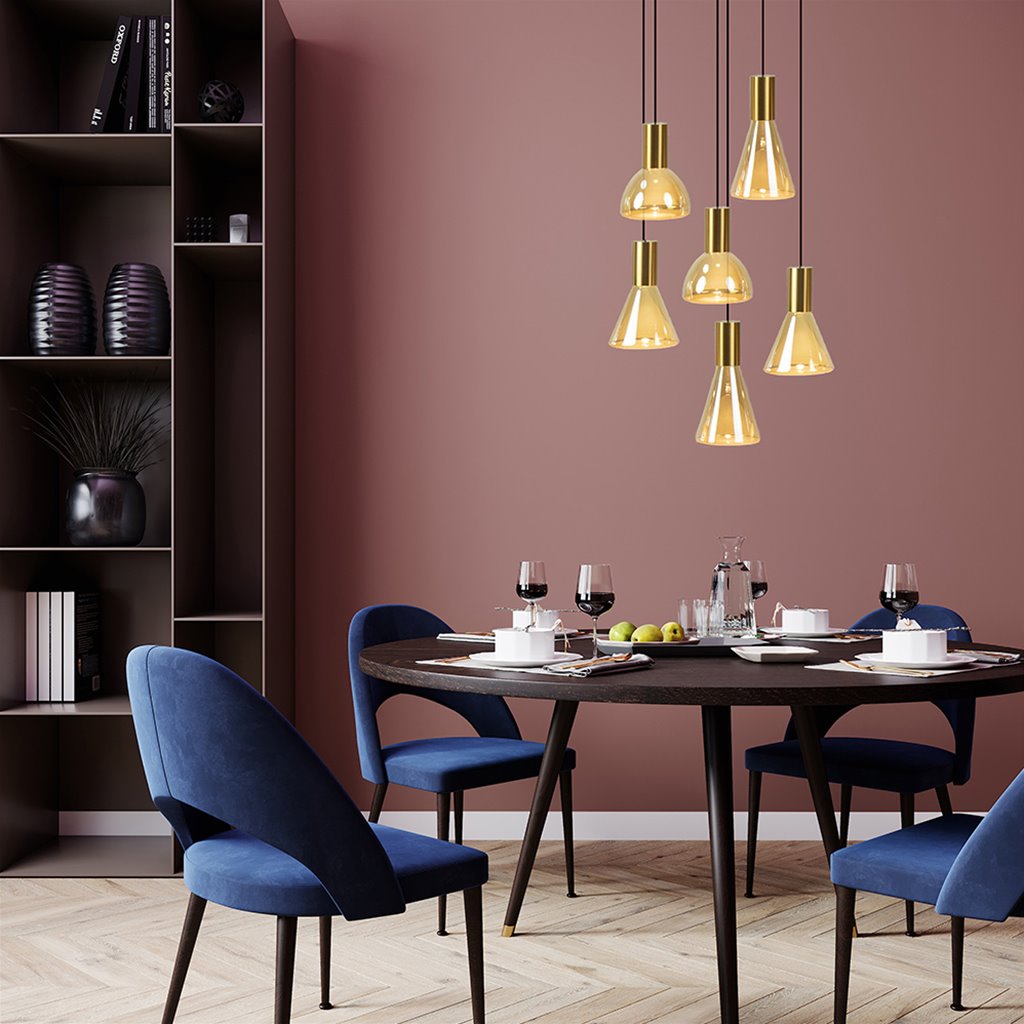 Hanglamp 6L - Messing met amber glas & zwart