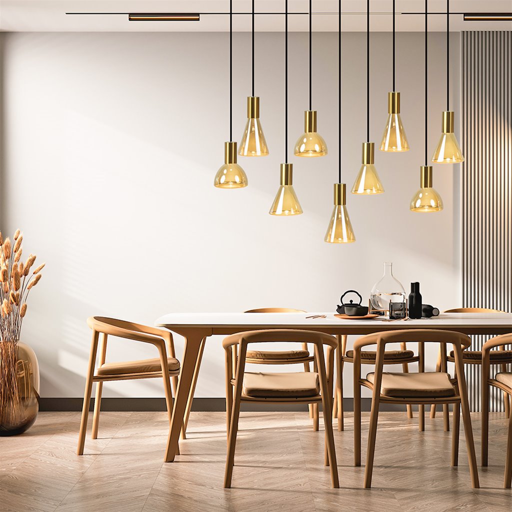 Hanglamp zwart/brons met amber glas