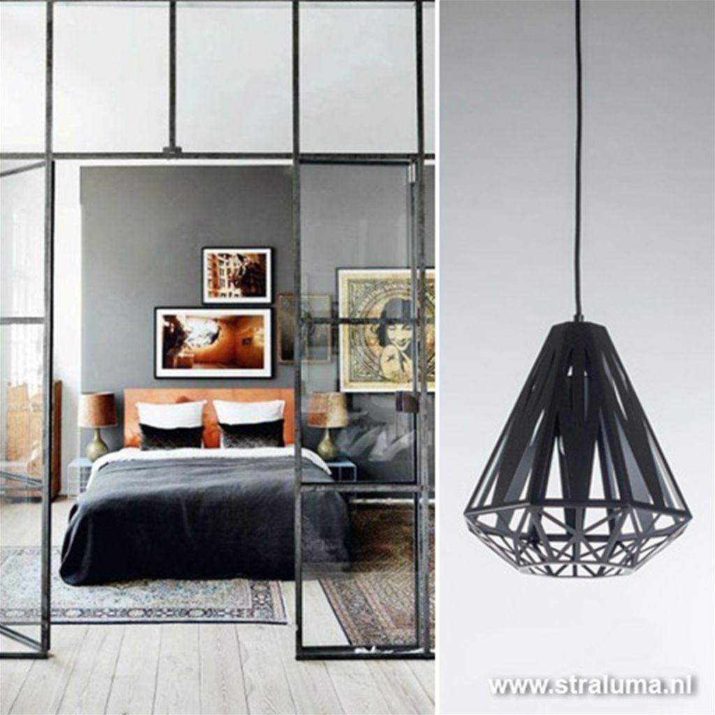 Grafische hanglamp zwart woonkamer