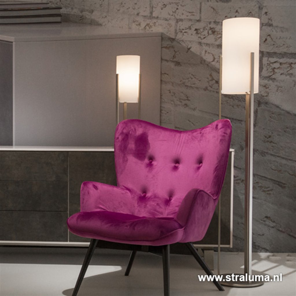 Moderne stalen tafellamp met wit glas
