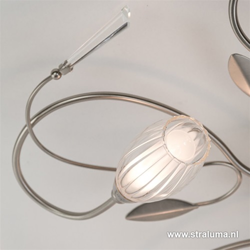 Plafondlamp 5l nikkel bloemglas/kristal