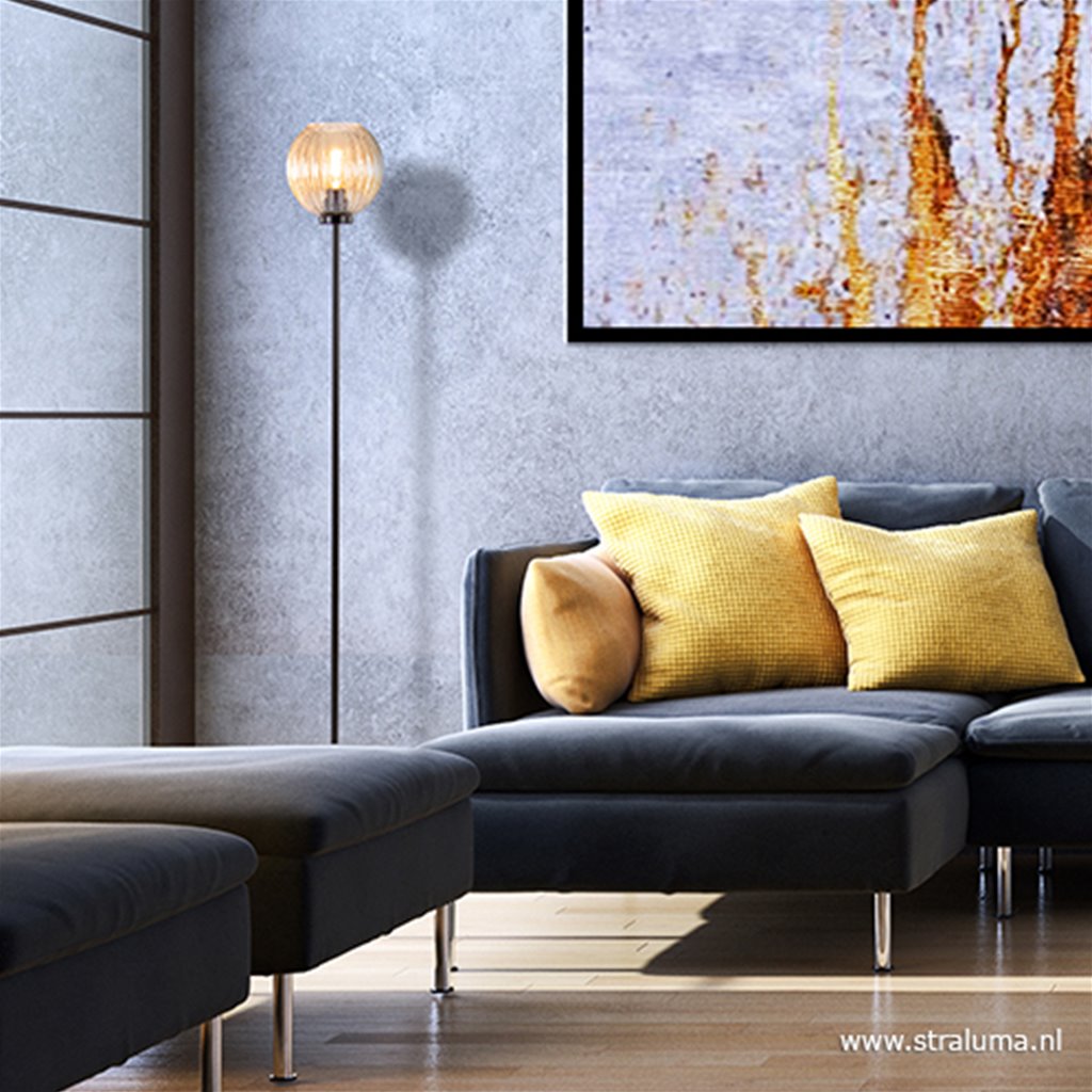 Glazen vloerlamp zwart met amber glas