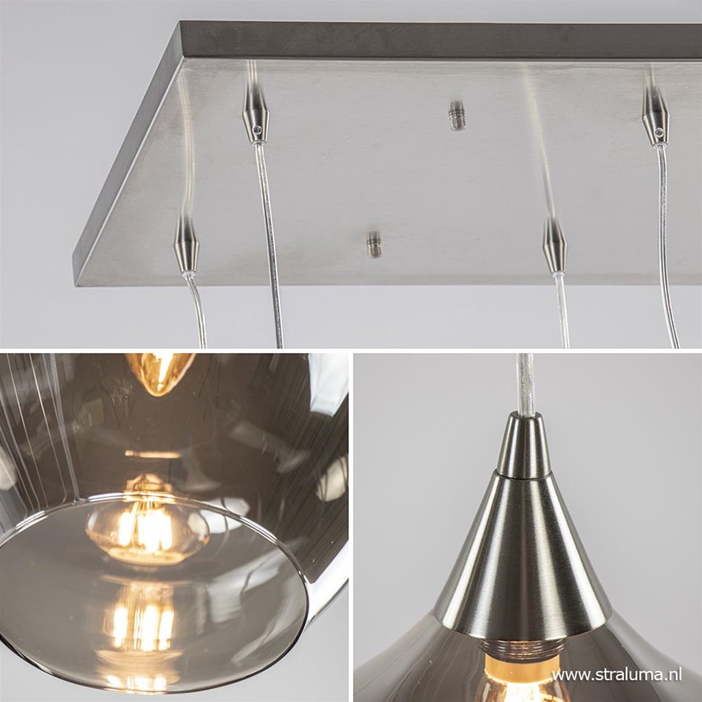hangen kever Okkernoot Eettafelhanglamp nikkel met smokey glas 8-lichts | Straluma